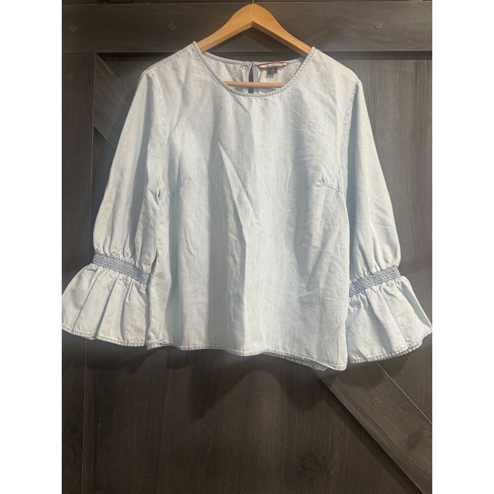 NWOT Tommy Hilfiger Blue Solid Round Neck Ruffle Bell Long Sleeve Blouse, XL